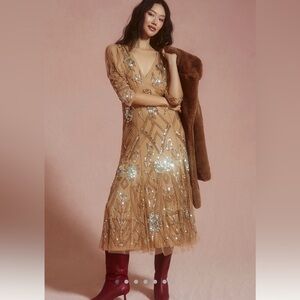 Elegant Embellished Midi Dress in Champagne Gold from Anthropologie